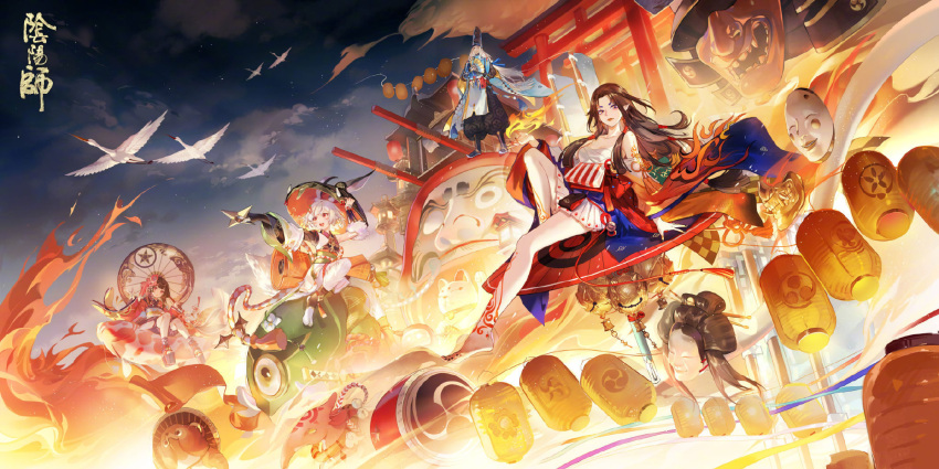 abe_no_seimei_(onmyoji), animal_ears, black_hair, full_body, highres, japanese_clothes, kagura_(onmyoji), mujin_yama_usagi, onmyoji, rabbit_ears, suzuhiko_hime_(onmyoji), tattoo, white_hair, yama_usagi_(onmyoji)