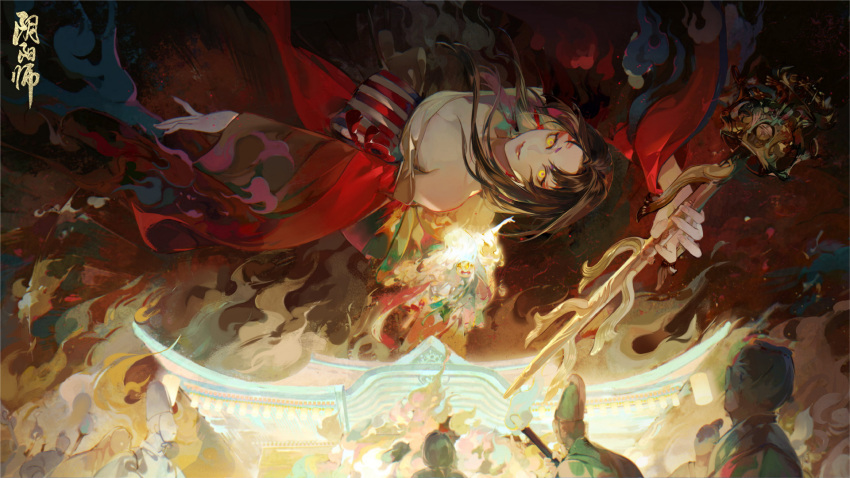 1girl, black_hair, facial_mark, highres, japanese_clothes, long_hair, long_sleeves, looking_at_viewer