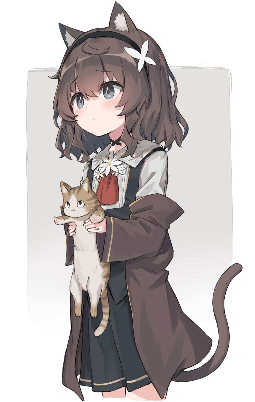 1girl, absurdres, animal, animal_ears, black_skirt, black_vest, brown_hair, brown_jacket