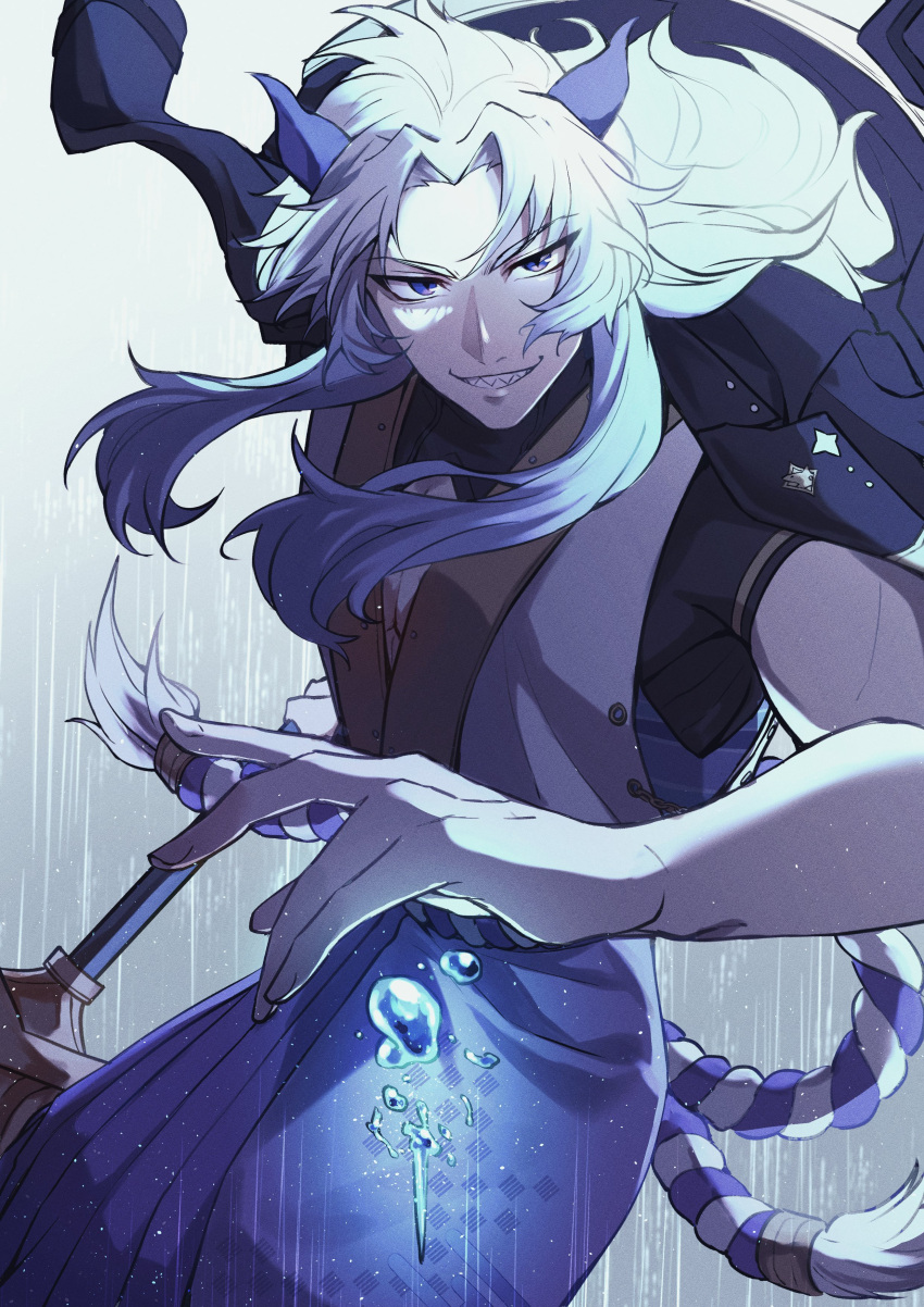 1boy, absurdres, akaie11, bangs, black_jacket, blue_eyes, blue_hair, blue_hakama, blue_horns, cowboy_shot, curtained_hair, gradient, gradient_background, grey_background, grin, hajimari_no_kioku, hakama, highres, holding, holding_polearm, holding_weapon, horns, hydrokinesis, jacket, jacket_on_shoulders, japanese_clothes, kimono, long_hair, looking_at_viewer, male_focus, parted_bangs, pectoral_cleavage, pectorals, polearm, rope, sharp_teeth, shimenawa, short_sleeves, shrug_(clothing), sleeveless, sleeveless_kimono, smile, solo, stridon, teeth, water, weapon, white_kimono