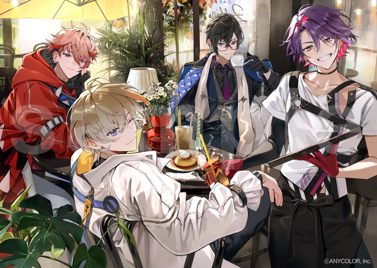 4boys, ;), apron, bangs, black_apron, black_choker, black_gloves, black_hair, black_pants, black_shirt, blonde_hair, blue_coat, blue_eyes, brown_hair, cafe, chair, choker, coat, coat_on_shoulders, collar_chain, collared_shirt, colored_inner_hair, copyright, cowboy_shot, crossed_bangs, cup, daisy, detached_sleeves, disposable_cup, drawstring, drink, drinking_glass, drinking_straw, ear_piercing, earrings, fingerless_gloves, flower, food, fura_kanato, glasses, gloves, gradient_necktie, grey_vest, grin, hair_between_eyes, hair_intakes, harness, head_rest, holding, holding_cup, holding_tray, hood, hood_down, hooded_jacket, jacket, jewelry, keki_chogyegi, layered_sleeves, long_sleeves, looking_at_viewer, looking_back, male_focus, multicolored_hair, multiple_boys, napkin, necktie, nijisanji, official_art, one_eye_closed, pants, parasol, patterned_clothing, piercing, pink_hair, plant, plate, pudding, purple_hair, purple_necktie, red_gloves, red_jacket, redhead, sample_watermark, seraph_dazzlegarden, shikinagi_akira, shirt, short_hair, short_over_long_sleeves, short_sleeves, single_detached_sleeve, sitting, sleeve_garter, smile, standing, stole, streaked_hair, stud_earrings, table, teacup, tray, two-tone_hair, umbrella, upper_body, vase, vest, violet_eyes, virtual_youtuber, voltaction, waist_apron, watarai_hibari, white_flower, white_jacket, white_shirt, yellow_eyes