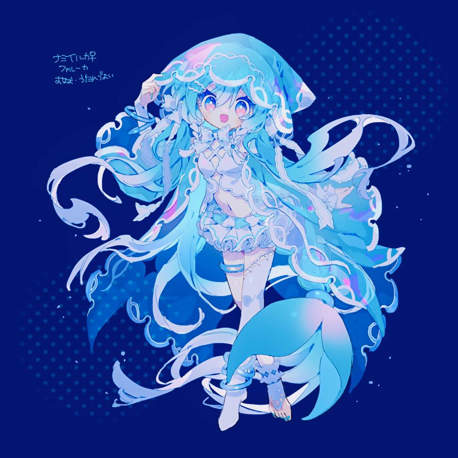 1girl, adjusting_hood, blue_background, blue_coat, blue_eyes, blue_nails, blue_theme, bow