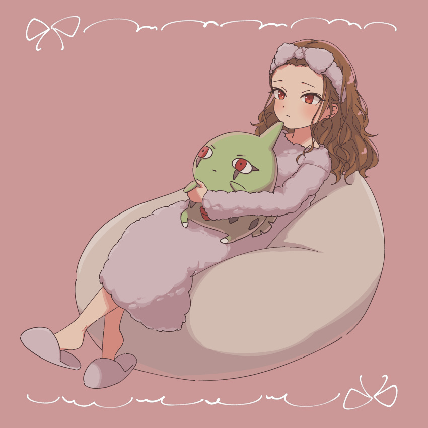 1girl, absurdres, blush, brown_hair, character_doll, crossover, doll_hug, forehead