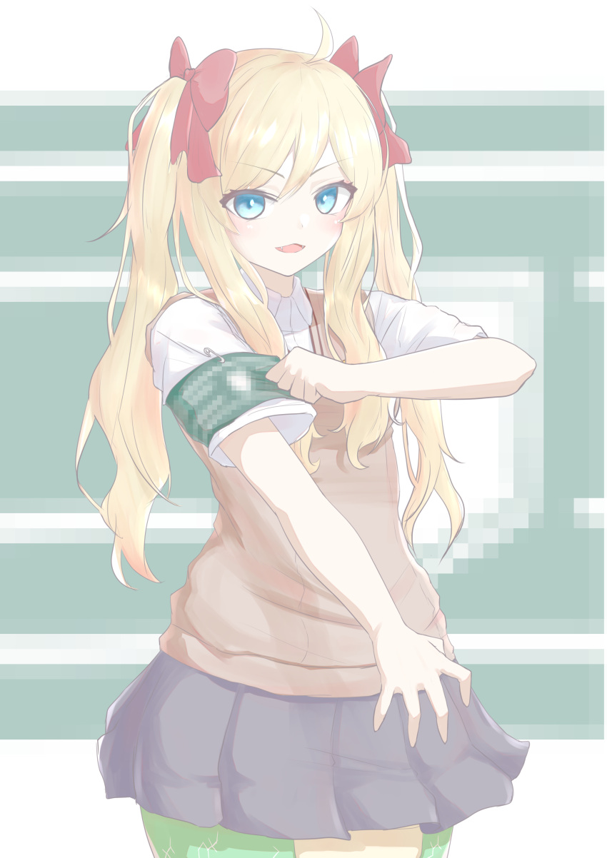 1girl, absurdres, ahoge, alternate_costume, armband, blonde_hair, blue_eyes, blush, brown_sweater_vest, censored, collared_shirt, commentary_request, cosplay, cowboy_shot, fake_censor, green_armband, grey_skirt, highres, himenagi_yuuki, jashin-chan, jashin-chan_dropkick, lamia, long_hair, looking_at_viewer, monster_girl, mosaic_censoring, open_mouth, paperclip, pleated_skirt, school_uniform, shirai_kuroko, shirai_kuroko_(cosplay), shirt, short_sleeves, skirt, solo, summer_uniform, sweater_vest, toaru_kagaku_no_railgun, toaru_majutsu_no_index, tokiwadai_school_uniform, twintails, white_shirt