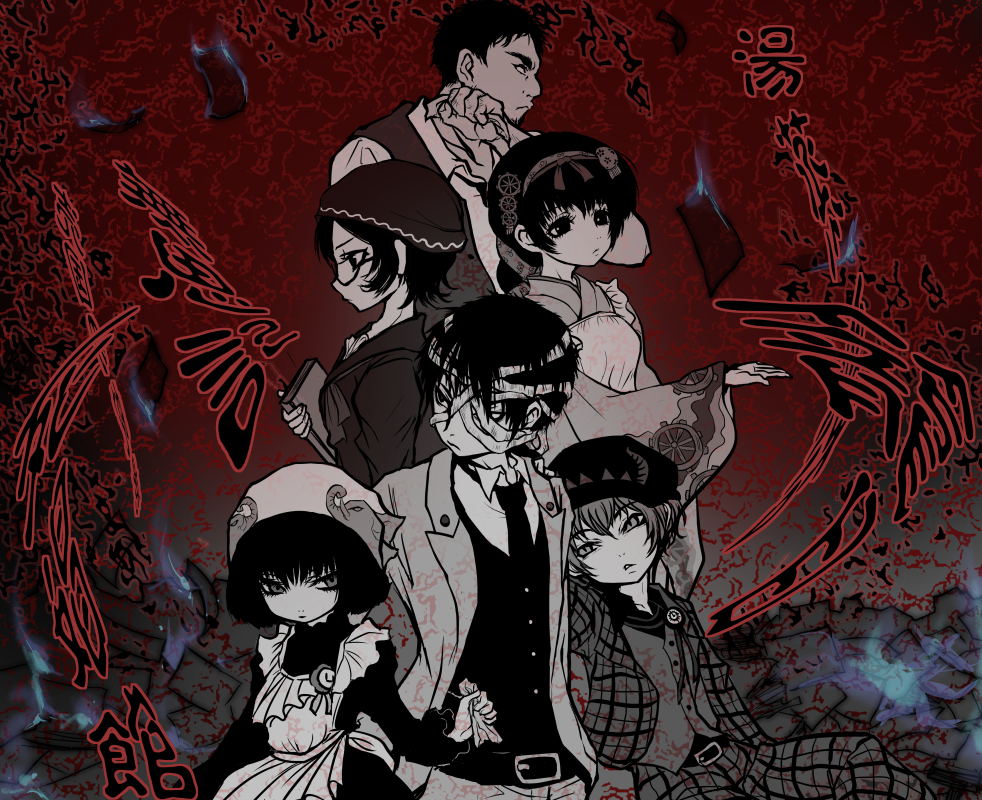 3boys, 3girls, apron, bandages, black_eyes, black_hair, book, commentary_request
