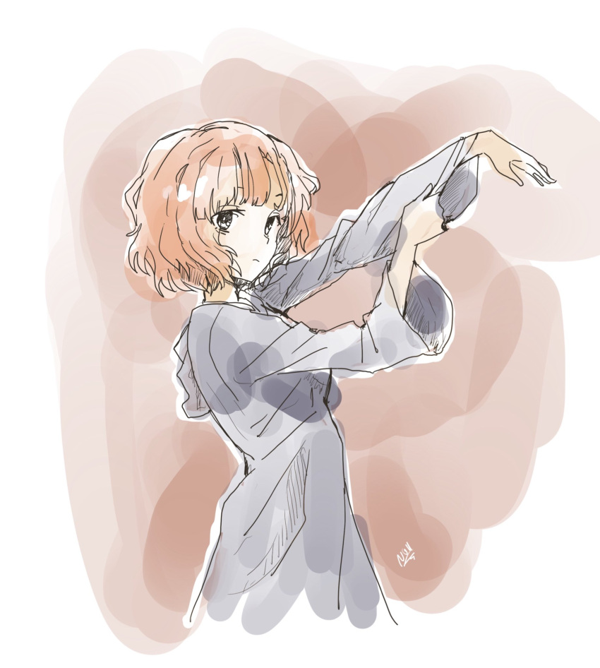 1girl, black_tunic, closed_mouth, curly_hair, highres, looking_at_viewer, manganull, original, redhead, short_hair, simple_background, solo, tunic, witch