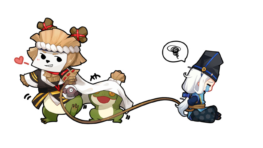 2boys, abe_no_seimei_(onmyoji), black_hair, chibi, crying, hat, highres, japanese_clothes, long_hair, multiple_boys, official_art, onmyoji, shishio_(onmyoji), tate_eboshi, white_background, white_hair