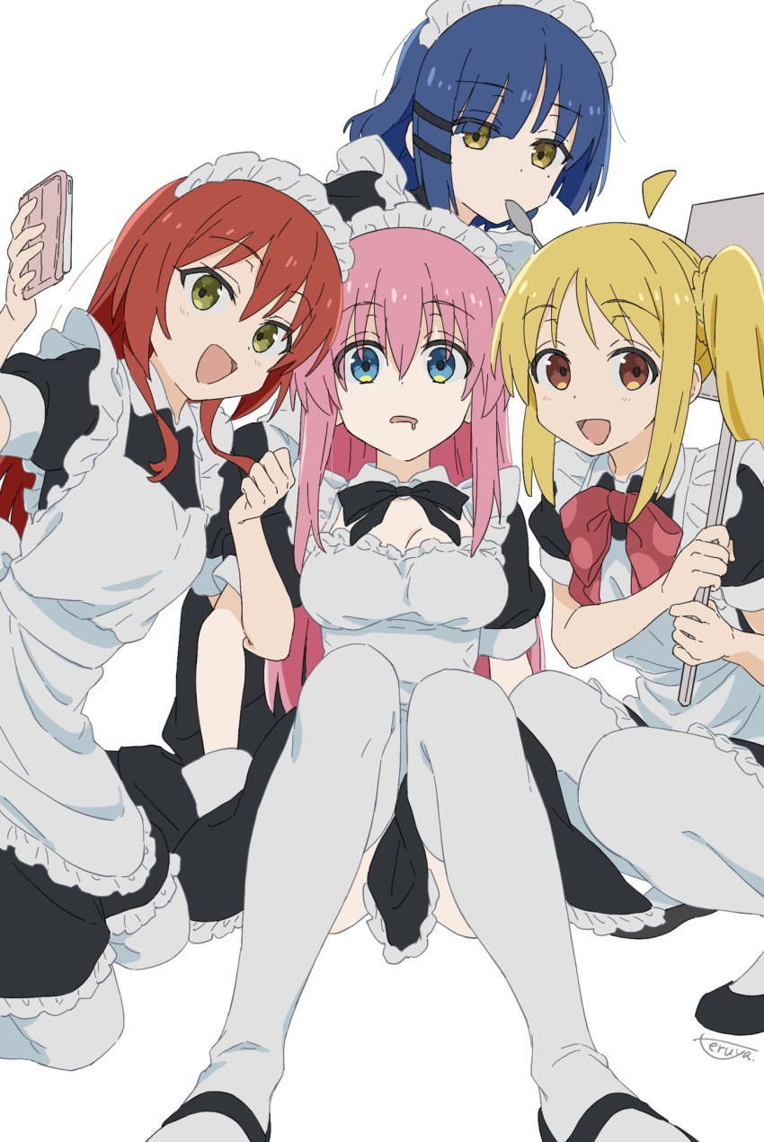 4girls, ahoge, apron, artist_name, bangs, blonde_hair, blue_eyes, blue_hair