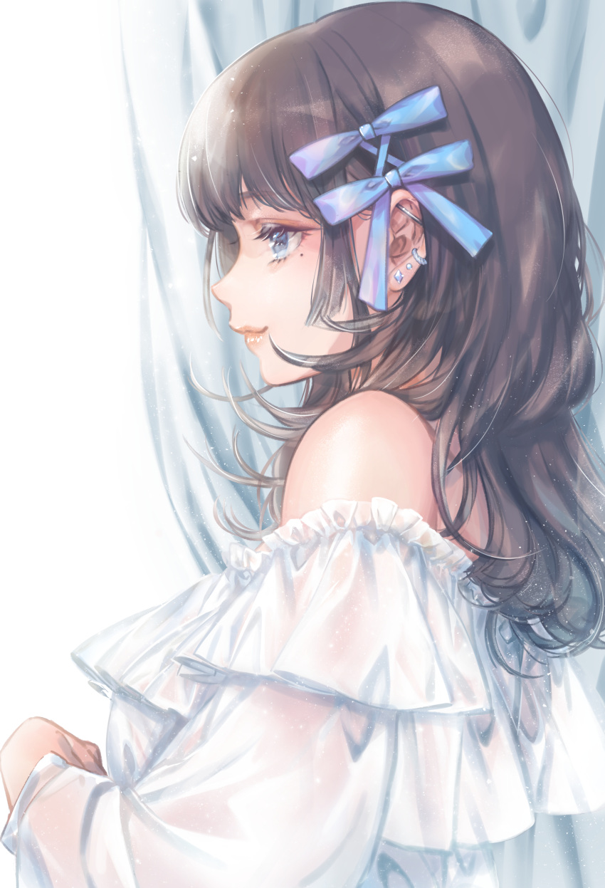 1girl, absurdres, bangs, bare_shoulders, black_hair, blue_eyes, blue_ribbon, cako_asida