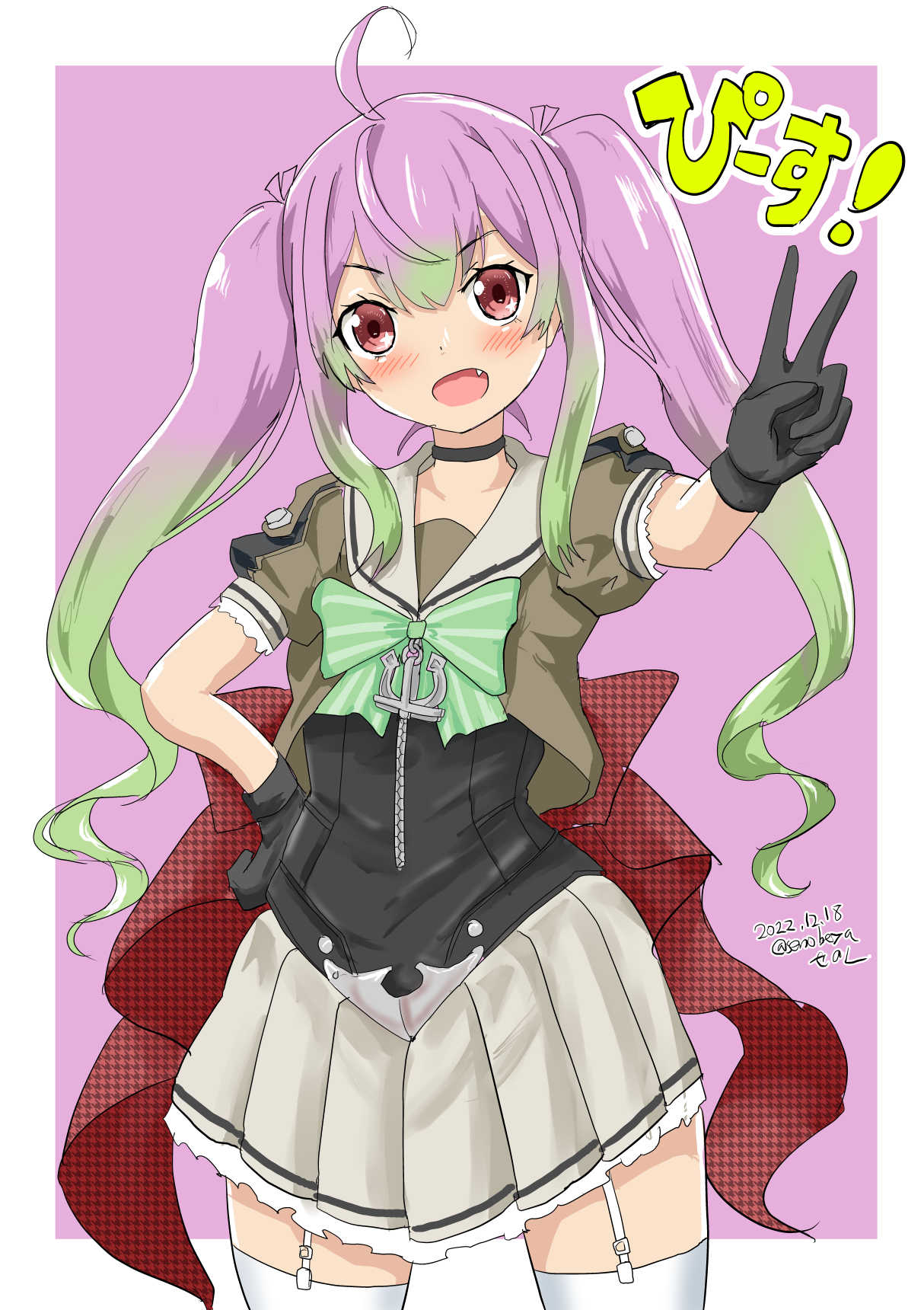 ahoge, anchor, back_bow, black_gloves, border, bow, bowtie, bracelet