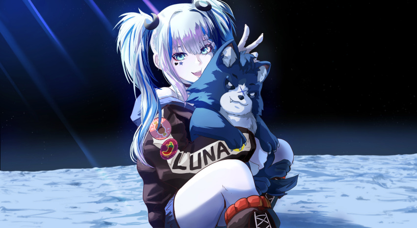 1girl, 1other, :3, :d, animal_hug, bangs, black_choker, black_footwear