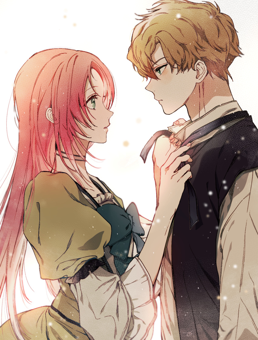 1boy, 1girl, adjusting_clothes, blonde_hair, expressionless, eye_contact, from_behind, green_eyes, highres, jeremy_von_neuschwanstein, long_hair, long_sleeves, looking_at_another, okusawa_ritsu, parted_lips, pink_hair, puffy_short_sleeves, puffy_sleeves, short_hair, short_sleeves, shuri_von_neuschwanstein, the_fantasie_of_a_stepmother, tying_tie, upper_body, white_background