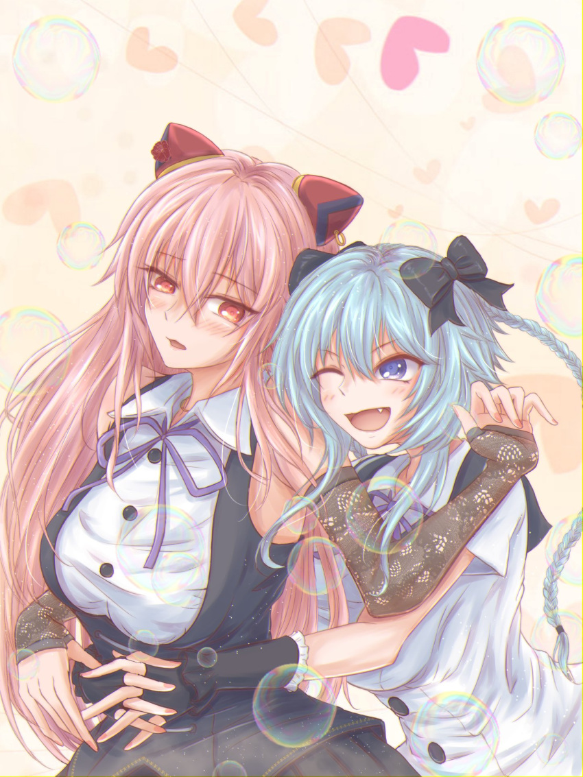 2girls, ;d, assault_lily, bangs, bare_shoulders, black_bow, black_sailor_collar, black_skirt