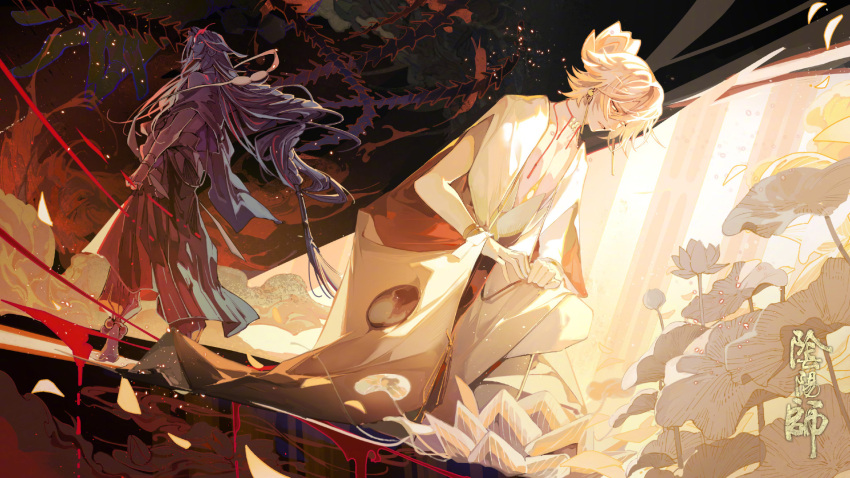 2boys, asura_(onmyoji), bare_pectorals, black_hair, blonde_hair, dark_skin, earrings, flower, green_eyes, highres, japanese_clothes, jewelry, long_hair, lotus, lotus_earrings, lotus_hair_ornament, male_focus, multicolored_hair, multiple_boys, official_art, onmyoji, pectorals, short_hair, string_choker, taishakuten_(onmyoji), two-tone_hair, white_lotus