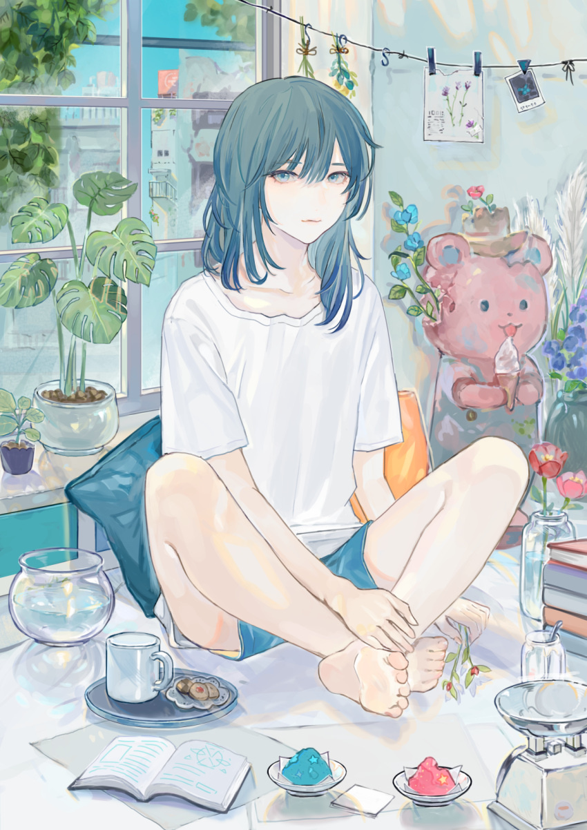 1boy, bangs, barefoot, blue_eyes, blue_hair, blue_pants, book, closed_mouth, cookie, cup, flower, food, highres, iei000, indoors, looking_at_viewer, medium_hair, open_book, original, pants, plant, plate, potted_plant, shirt, short_sleeves, sitting, solo, tagme, white_shirt, window