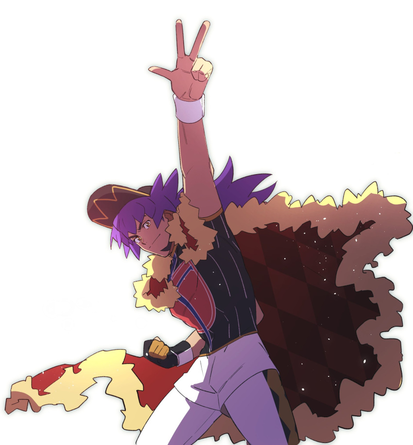 1boy, argyle, arm_up, bangs, baseball_cap, cape, champion_uniform, charizard_pose