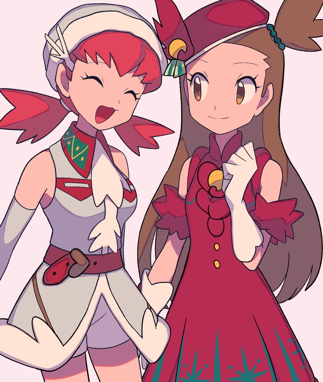 2girls, :d, armlet, bangs, bare_shoulders, belt, brown_eyes, brown_hair