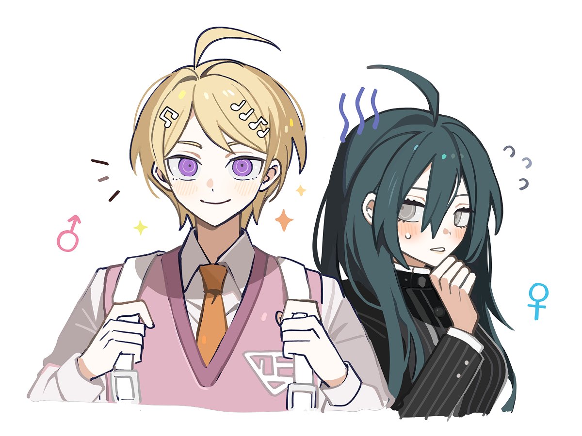 1boy, 1girl, ahoge, akamatsu_kaede, backpack, bag, bangs, black_hair