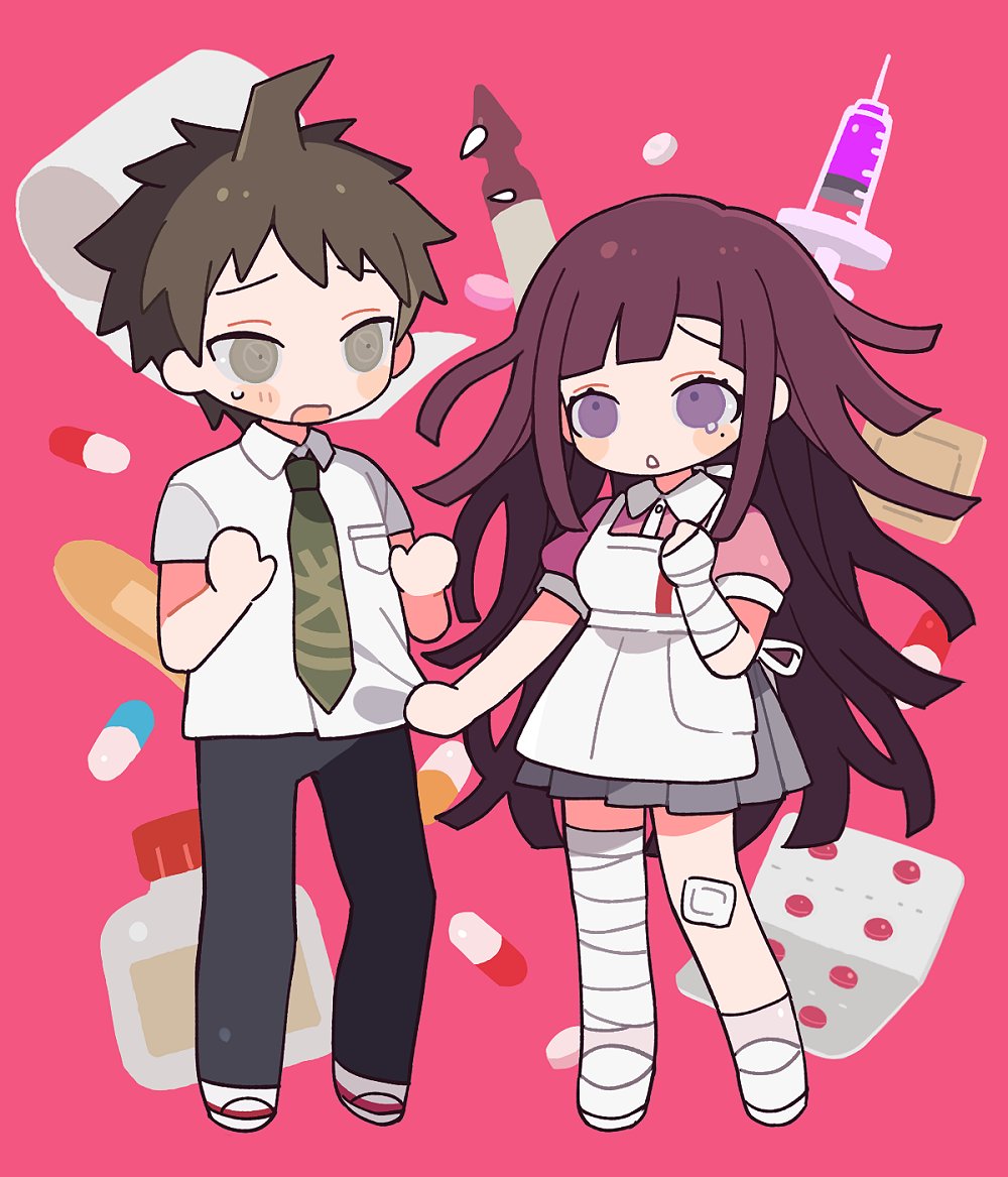 1boy, 1girl, :o, ahoge, apron, bandaged_leg, bandages, bandaid