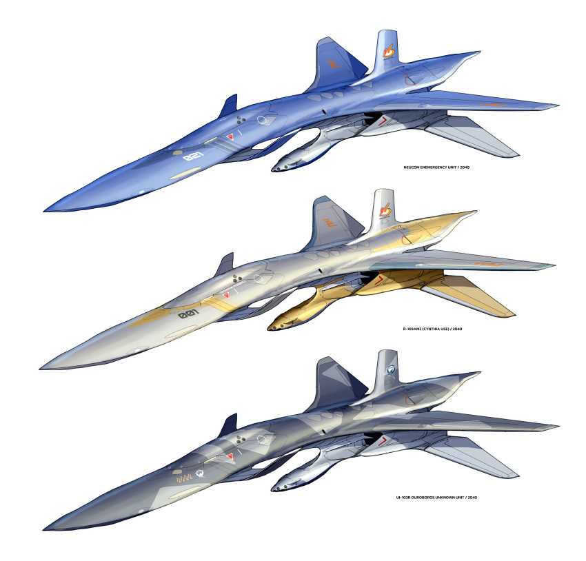absurdres, ace_combat, ace_combat_3, aircraft, airplane, asterozoa, english_commentary, fighter_jet, highres, jet, military, military_vehicle, no_humans, r-103_delphinus_iii, redesign, science_fiction, simple_background, variations, vehicle_focus, white_background