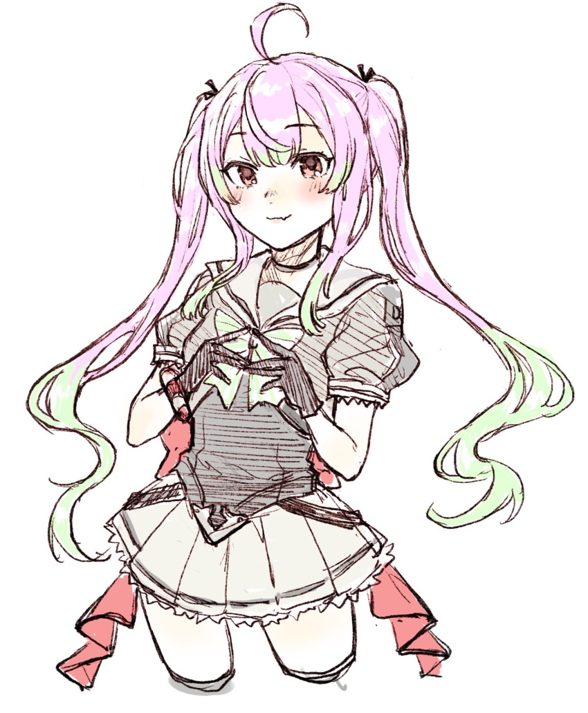 1girl, ahoge, black_gloves, bow, bowtie, corset, cowboy_shot, fang