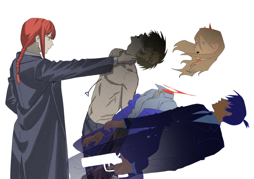 2boys, 2girls, bangs, black_coat, black_hair, black_jacket, black_necktie, black_pants