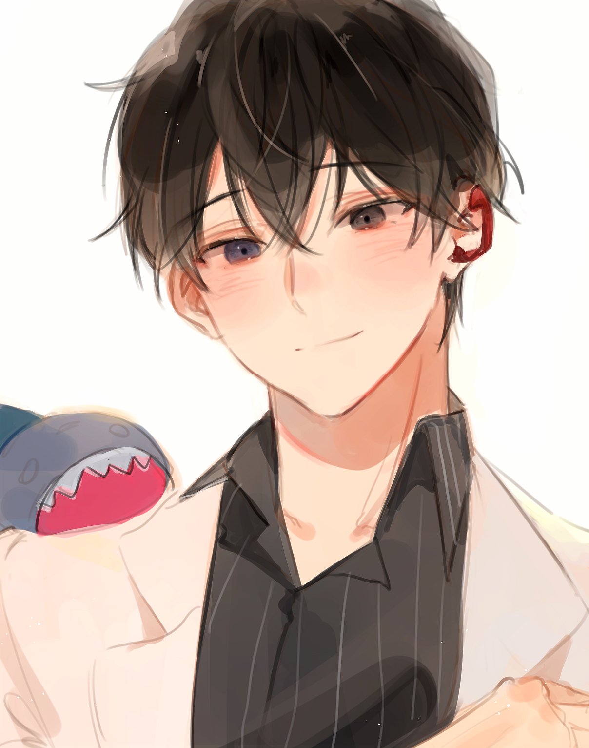 1boy, bangs, black_eyes, black_hair, black_shirt, blue_eyes, blush, closed_mouth