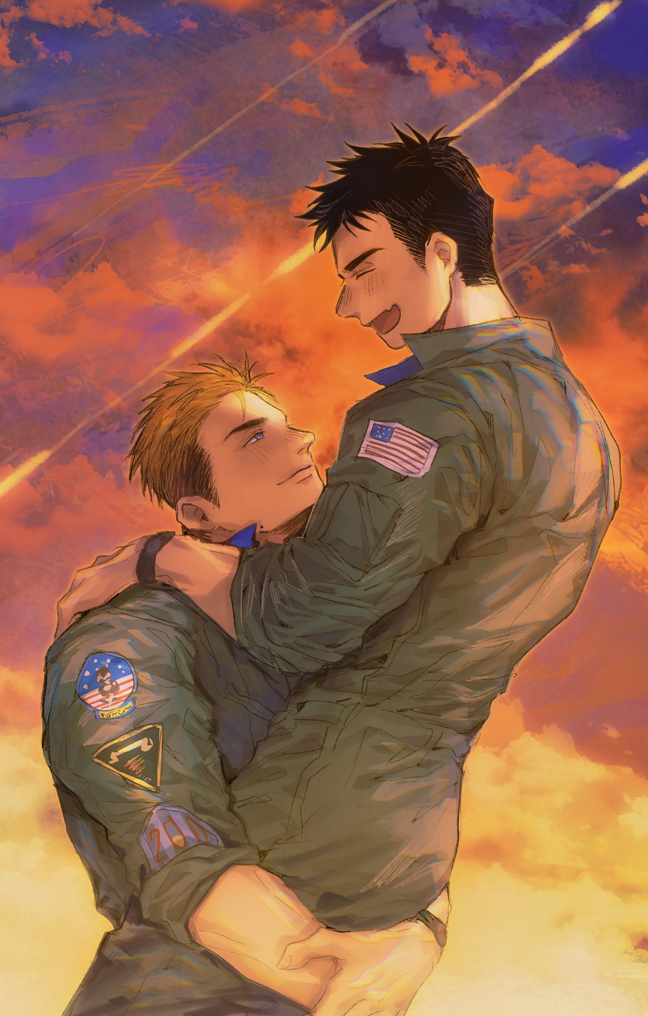 2boys, carrying, carrying_person, chiyo_(miichiyochin), clouds, commentary, commentary_request, evening
