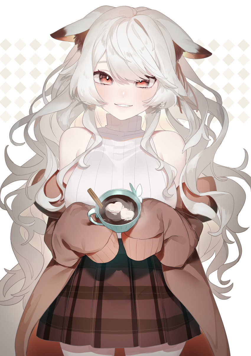 1girl, absurdres, animal_ear_fluff, animal_ears, artist_request, brown_hair, cup, eyebrows_hidden_by_hair, fox_girl, fox_tail, foxplushy, hair_ribbon, highres, holding, holding_cup, indie_virtual_youtuber, light_smile, long_hair, looking_at_viewer, ribbed_sweater, ribbon, sleeveless, sleeveless_sweater, sleeves_past_fingers, sleeves_past_wrists, sweater, tail, turtleneck, two-tone_background, wavy_hair, white_hair, white_sweater