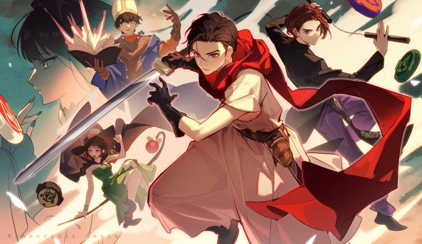 2girls, 3boys, alternate_costume, alternate_hairstyle, alternate_universe, animal_ears, azuma_michinaga, beads