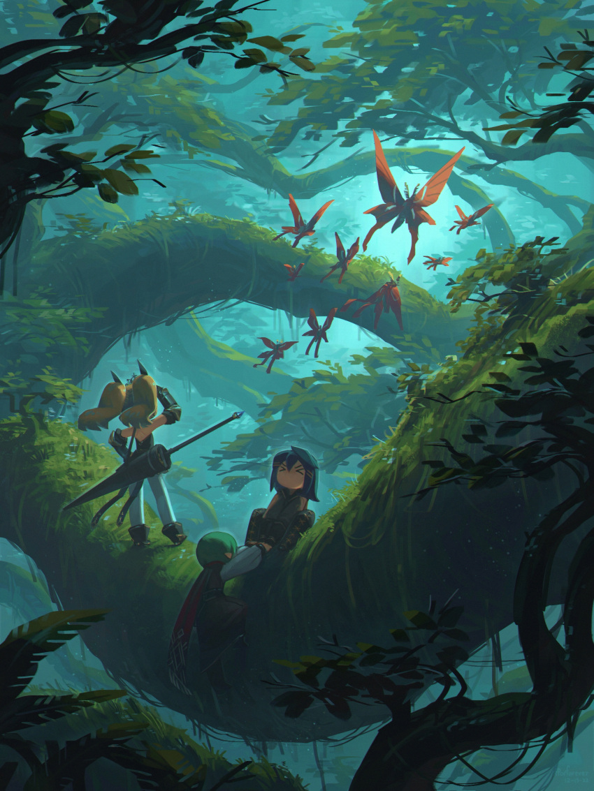 >_<, 1boy, 2girls, absurdres, blonde_hair, blue_hair, branch, bug