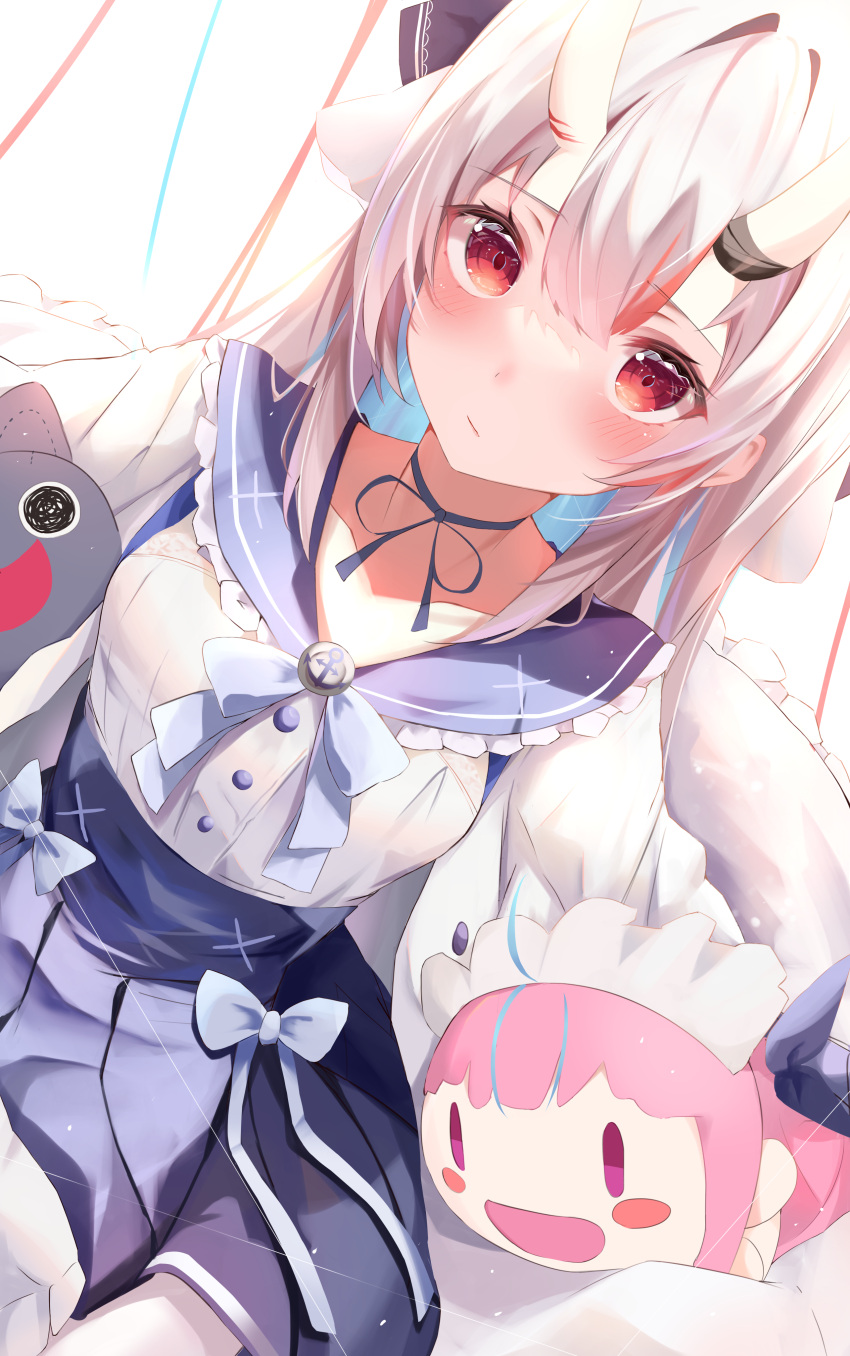 1girl, absurdres, blue_choker, blue_sailor_collar, blue_skirt, blush, breasts, character_doll