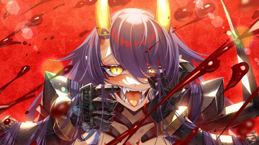 1girl, armor, armored_dress, armored_gloves, bangs, blood, blood_spray, blush
