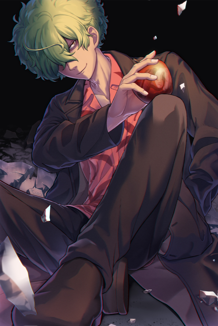 1boy, apple, black_background, black_coat, black_pants, brown_eyes, c_curoc, closed_mouth