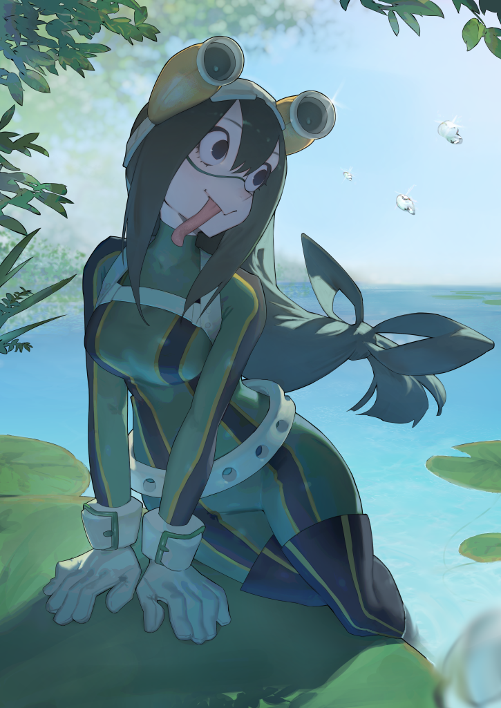 1girl, asui_tsuyu, black_eyes, bodysuit, boku_no_hero_academia, bow-shaped_hair, chest_harness, frog_girl, gloves, goggles, goggles_on_head, grass, green_bodysuit, green_hair, hair_between_eyes, harness, lake, long_hair, long_sleeves, long_tongue, looking_away, lotus_leaf, low-tied_long_hair, mi8pq, thigh-highs, tongue, tongue_out, very_long_hair, water, white_gloves