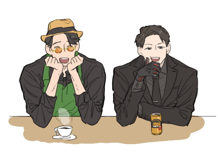2boys, :d, apron, bbbb_fex, black_hair, black_jacket, black_necktie, black_shirt
