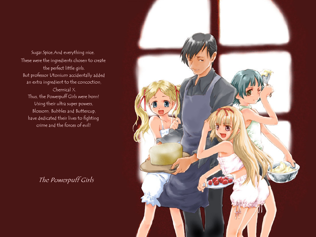 3girls, apron, black_hair, blonde_hair, bloomers, blossom_(ppg), blue_eyes, bubbles_(ppg)