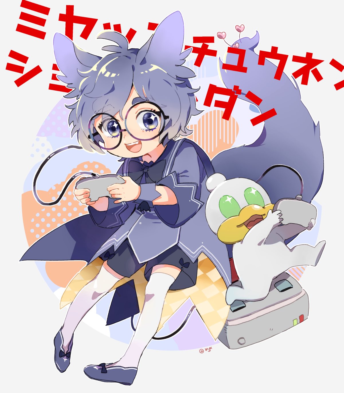 2boys, :3, :d, animal_ears, artist_name, bangs, bkub_(vtuber), black-framed_eyewear