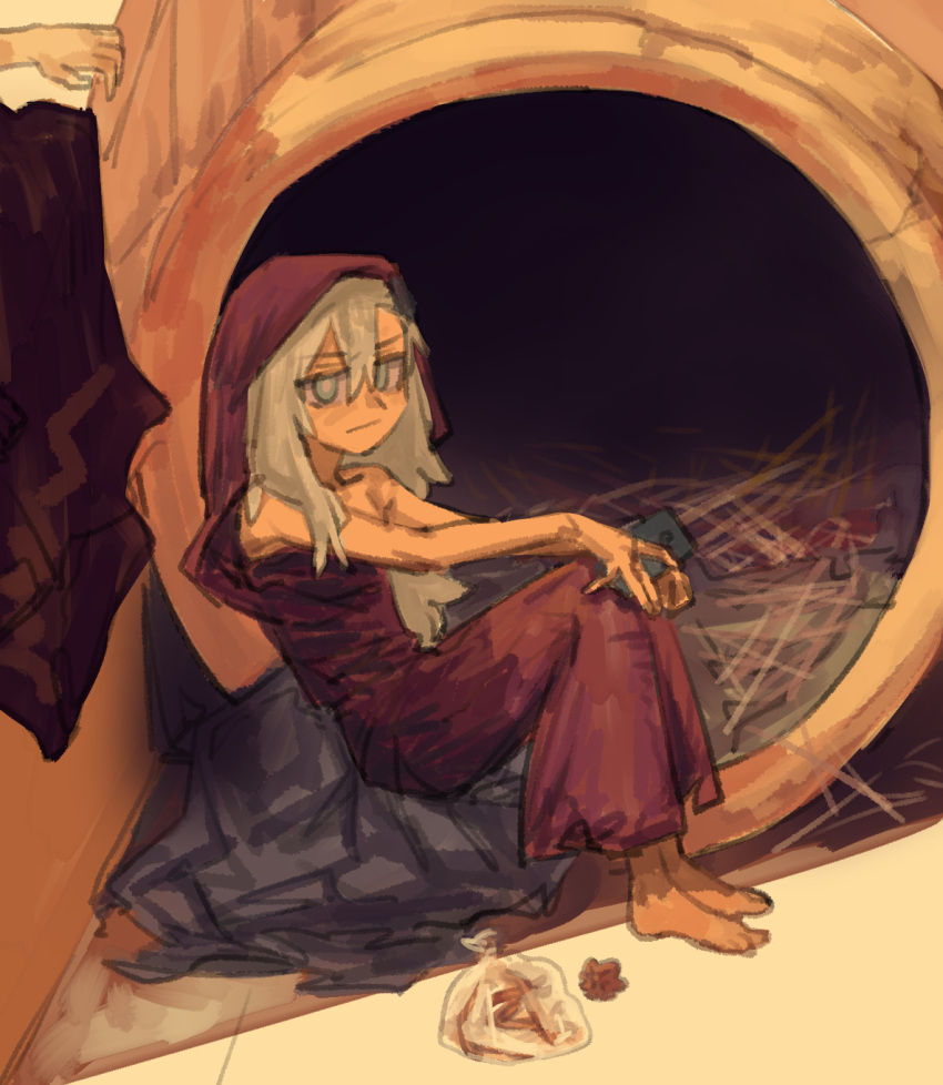 blonde_hair, blue_eyes, cellphone, greek_clothes, hair_between_eyes, hair_ornament, hairclip, highres
