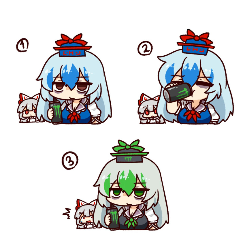 bangs, blue_dress, blue_hair, blue_headwear, collared_dress, concha_(mamecha), dress, fujiwara_no_mokou