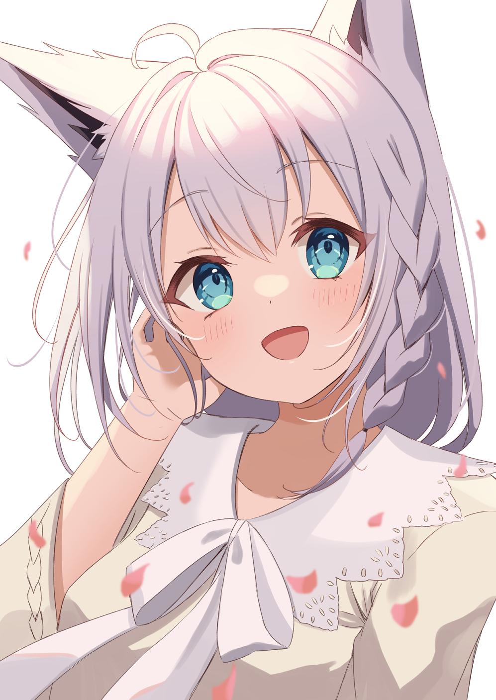 1girl, adjusting_hair, ahoge, animal_ear_fluff, animal_ears, bangs, blush, braid