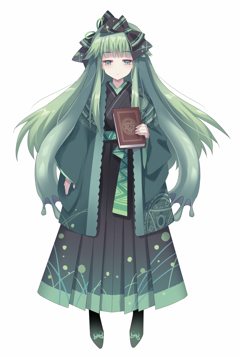1girl, akinomiya_asuka, bangs, black_footwear, black_hakama, black_kimono, black_ribbon, blunt_bangs