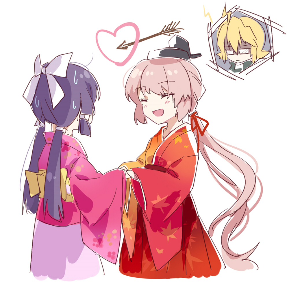 3girls, ahoge, akinomiya_asuka, ariwara_no_miyabiko, arrow_through_heart, bangs, black_headwear, blonde_hair