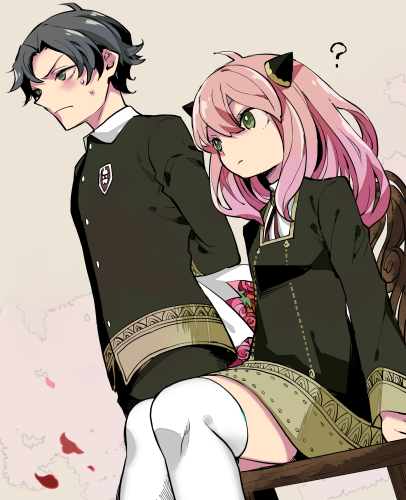 1boy, 1girl, ?, anya_(spy_x_family), bike_shorts_under_skirt, black_hair, blush, bouquet
