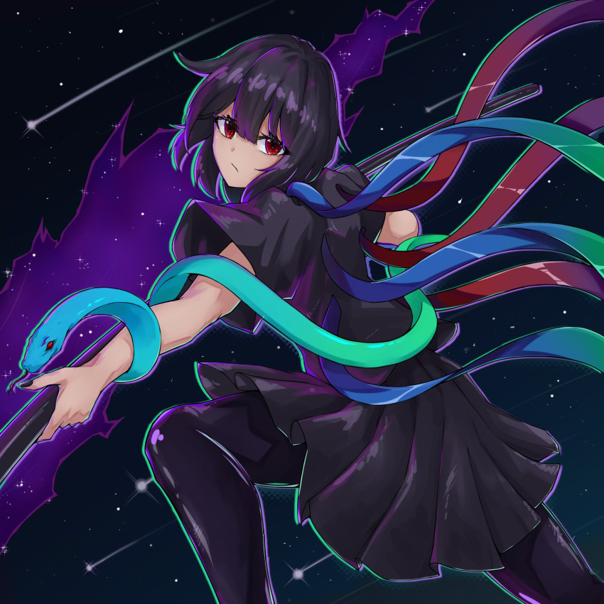 1girl, :/, asymmetrical_wings, bangs, black_dress, black_hair, blue_wings, closed_mouth