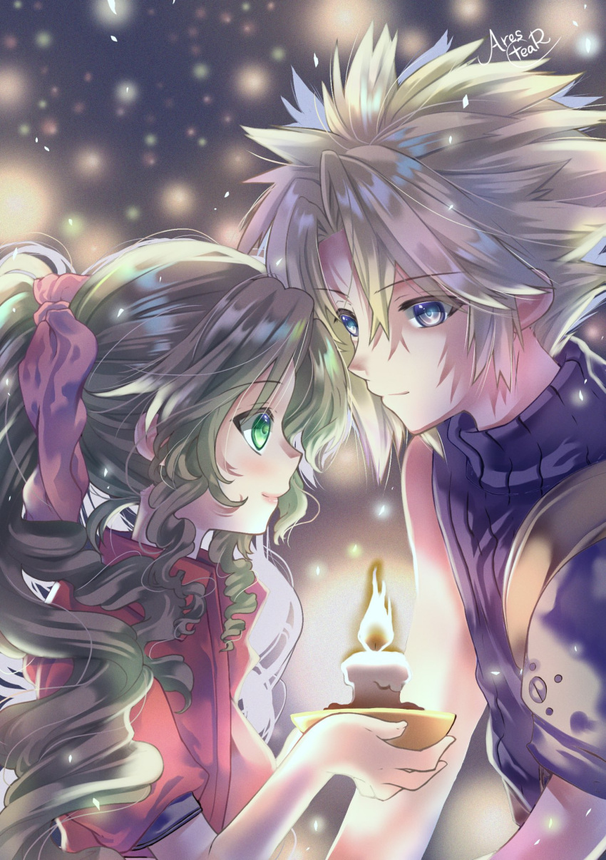 1boy, 1girl, aerith_gainsborough, arestear0701, armor, artist_name, bangs, blonde_hair