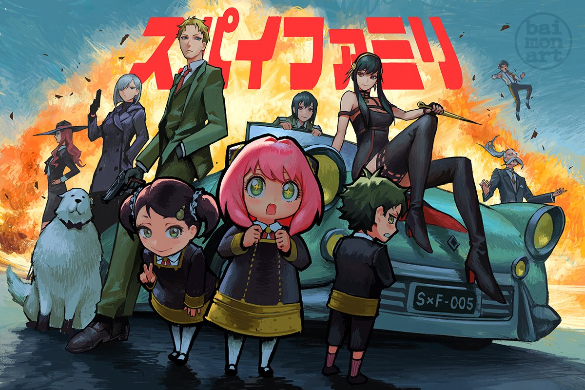 5boys, 5girls, afro, anya_(spy_x_family), baimon, beard, becky_blackbell, black_dress