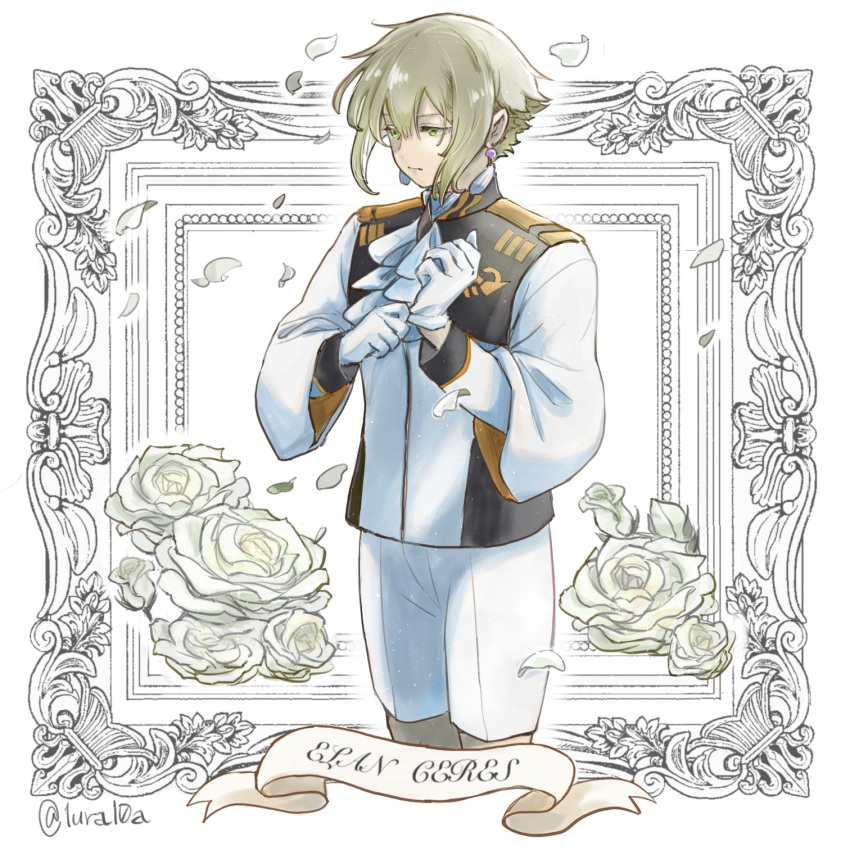 1boy, adjusting_clothes, adjusting_gloves, ascot, asticassia_school_uniform, blonde_hair, border, character_name, cowboy_shot, earrings, elan_ceres, falling_petals, flower, gloves, gundam, gundam_suisei_no_majo, hair_between_eyes, highres, ichiura, jacket, jewelry, long_sleeves, male_focus, petals, rose, school_uniform, short_hair, shorts, sidelocks, solo, tassel, tassel_earrings, twitter_username, white_ascot, white_flower, white_gloves, white_jacket, white_rose, white_shorts