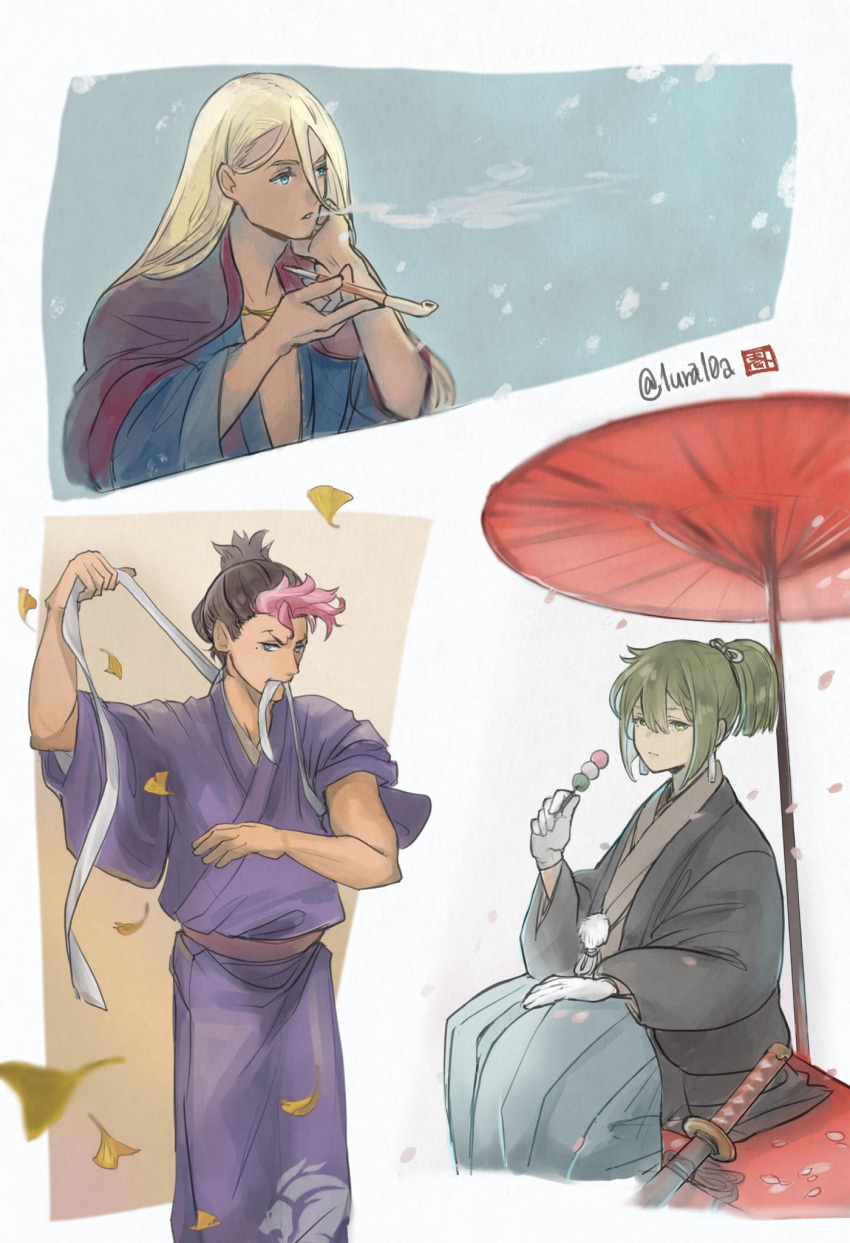 3boys, alternate_costume, bandages, blonde_hair, brown_hair, eating, elan_ceres, falling_leaves