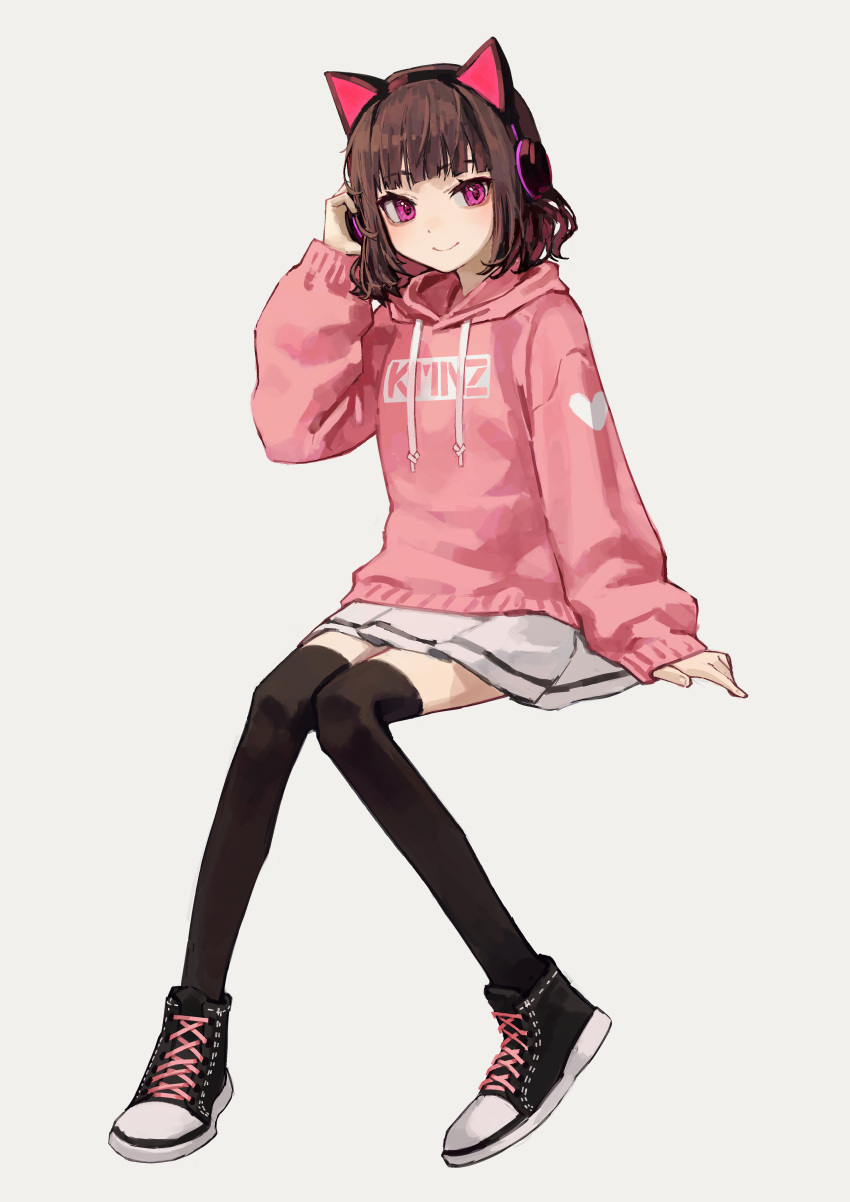 1girl, absurdres, animal_ear_headphones, animal_ears, bangs, black_footwear, black_thighhighs, brown_hair